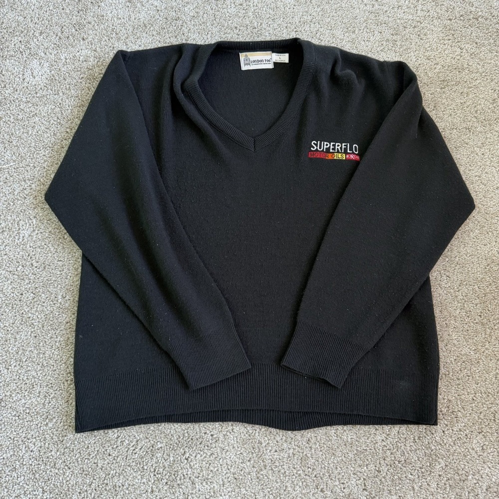 Vintage London Fog Superflo Exxon Motor Oils V Neck Sweater Mens L Black Acrylic